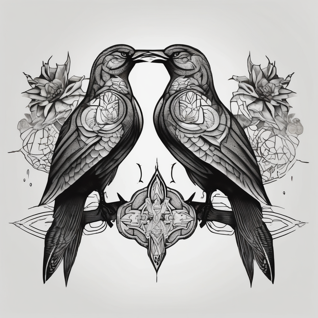 two birds sitting, stars and infinity theme couples tattoo floral sleeve tattoo, AI-generated Blackwork tattoo design